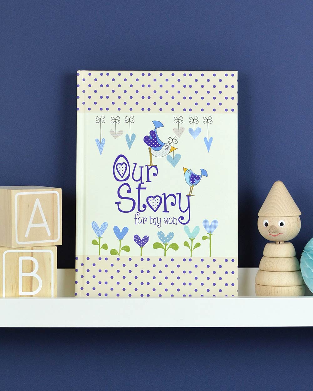 Memory Book Journal Our Story, for my Son lifestyle image of the front cover stood up