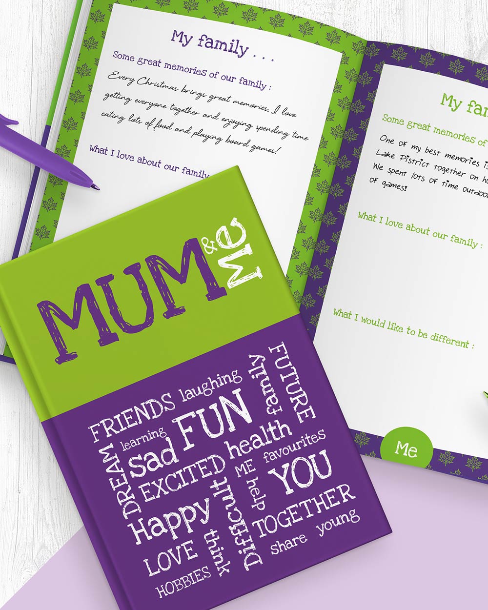 mum and me journal book keepsake memories photo pf the front cover and an example of the inside book
