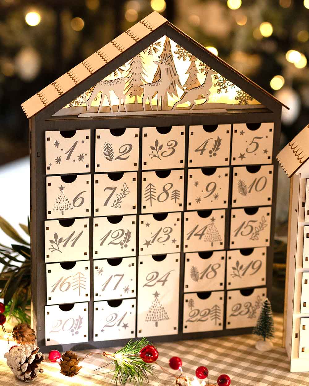 Wooden Advent Calendar Light Up Forest Scene Grey
