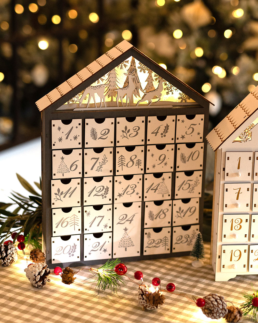 Wooden Advent Calendar Light Up Forest Scene Grey
