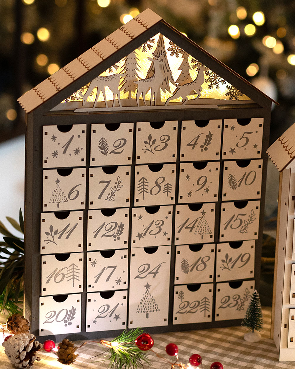Wooden Advent Calendar Light Up Forest Scene Grey
