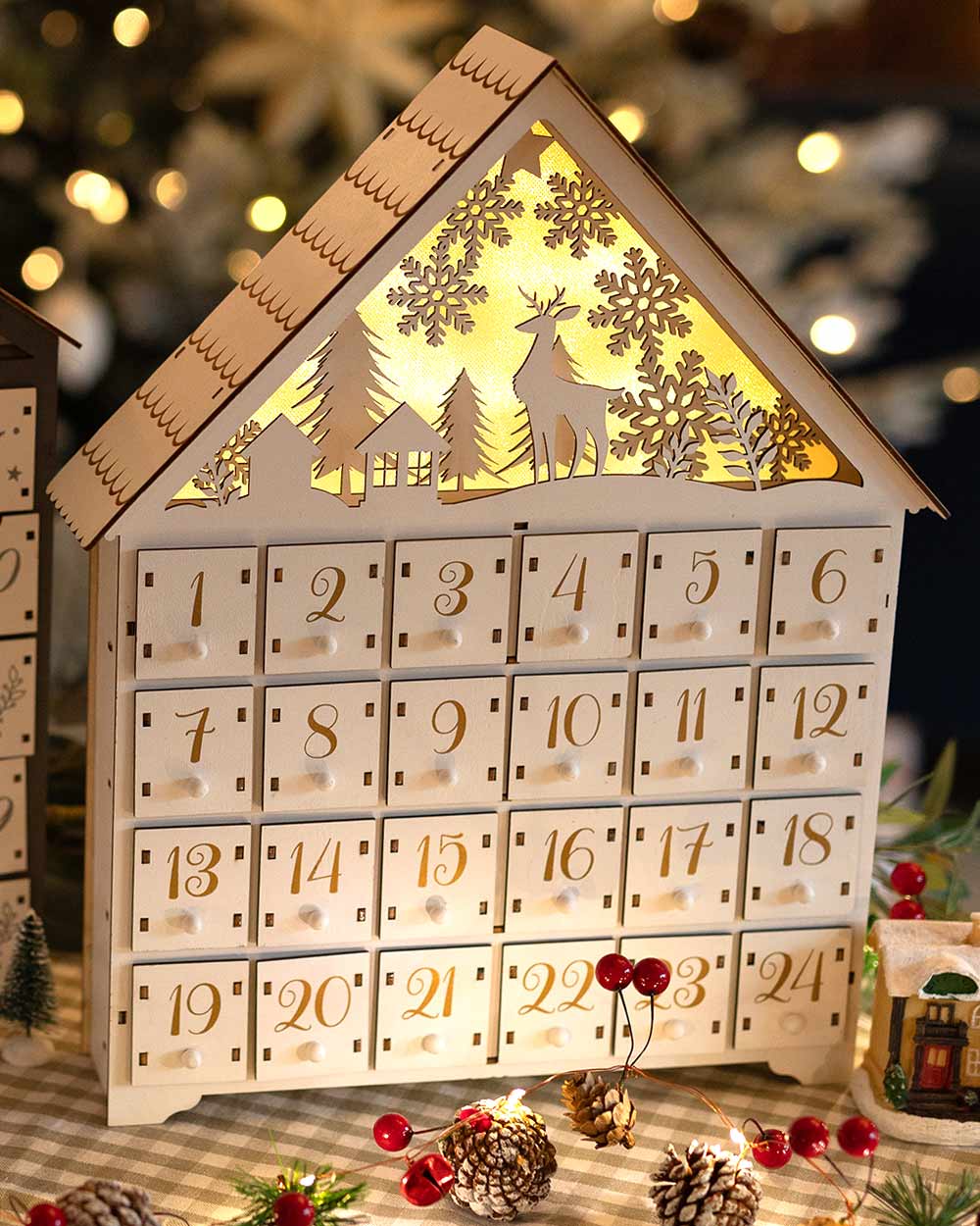 Wooden Advent Calendar Light Up Woodland House White