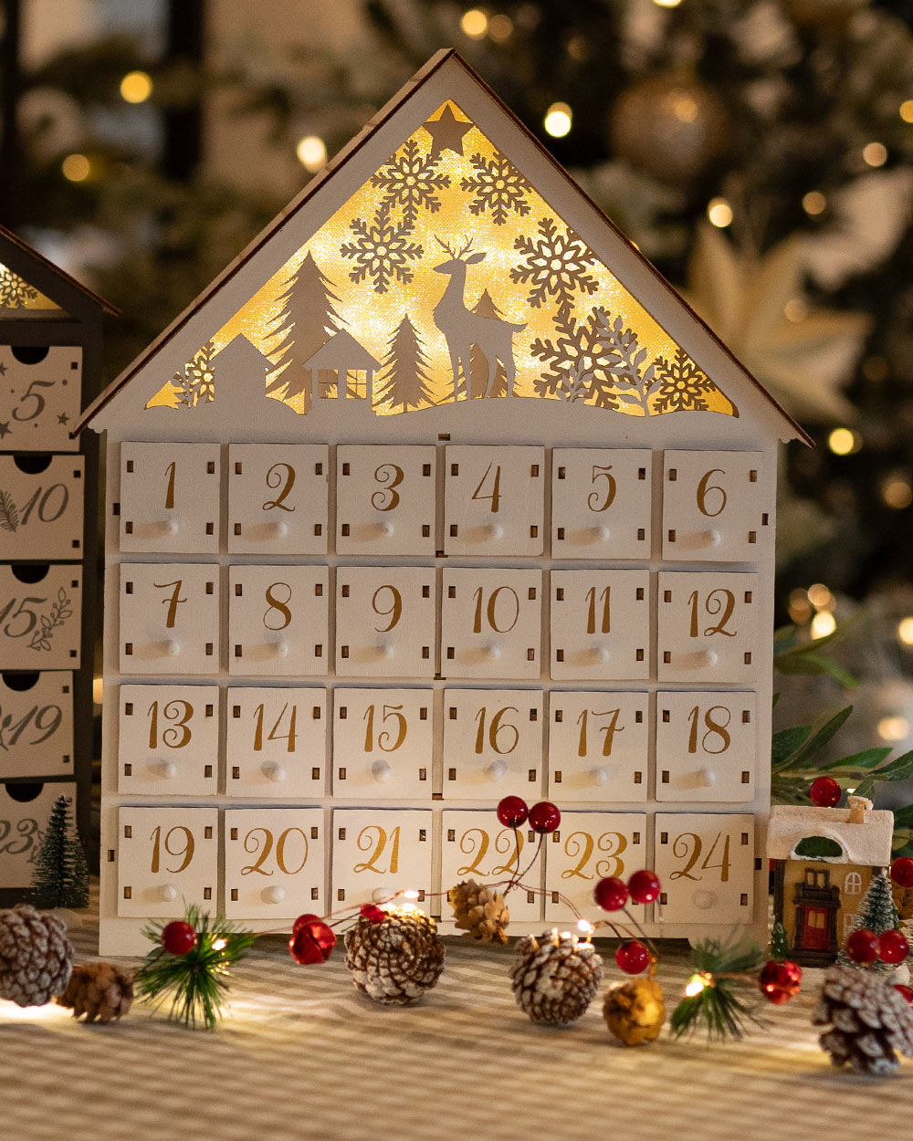 Wooden Advent Calendar Light Up Woodland House White