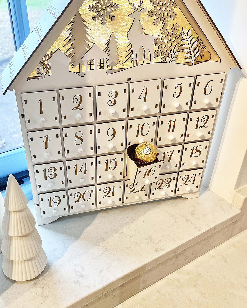 Wooden Advent Calendar LED Light Up Woodland Scene White
