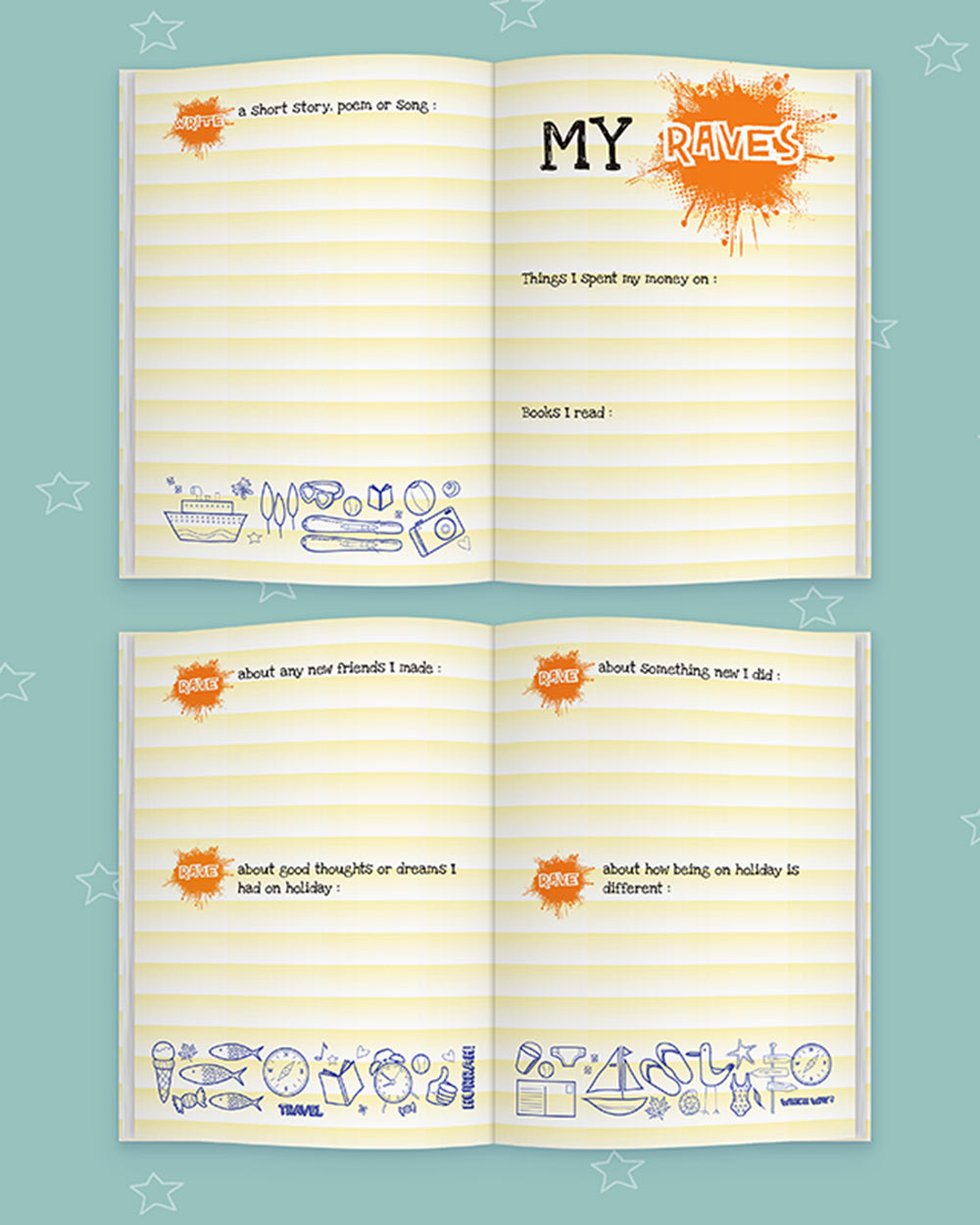 My holiday kids activity book rant and rave journal. Photo of the book open so you can see the inside pages and prompts