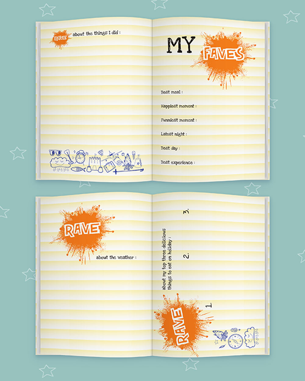 My holiday kids activity book rant and rave journal. Photo of the book open so you can see the inside pages and prompts