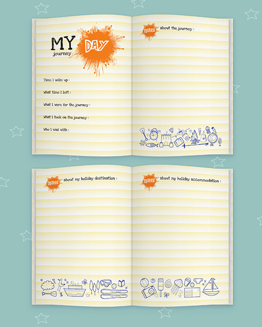 My holiday kids activity book rant and rave journal. Photo of the book open so you can see the inside pages and prompts