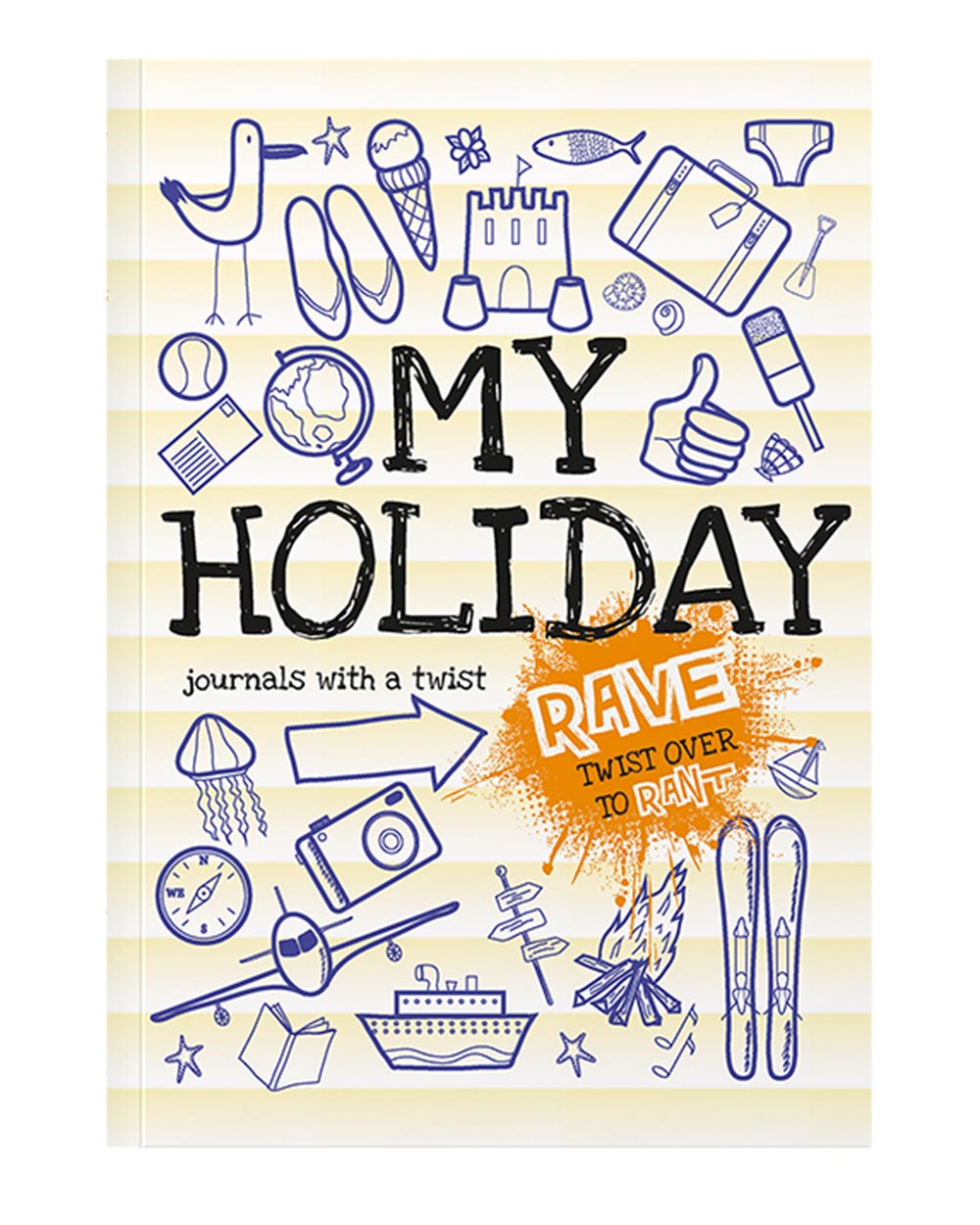 My holiday kids activity book rant and rave journal. Photo of the book open so standing up on a white cut out back ground