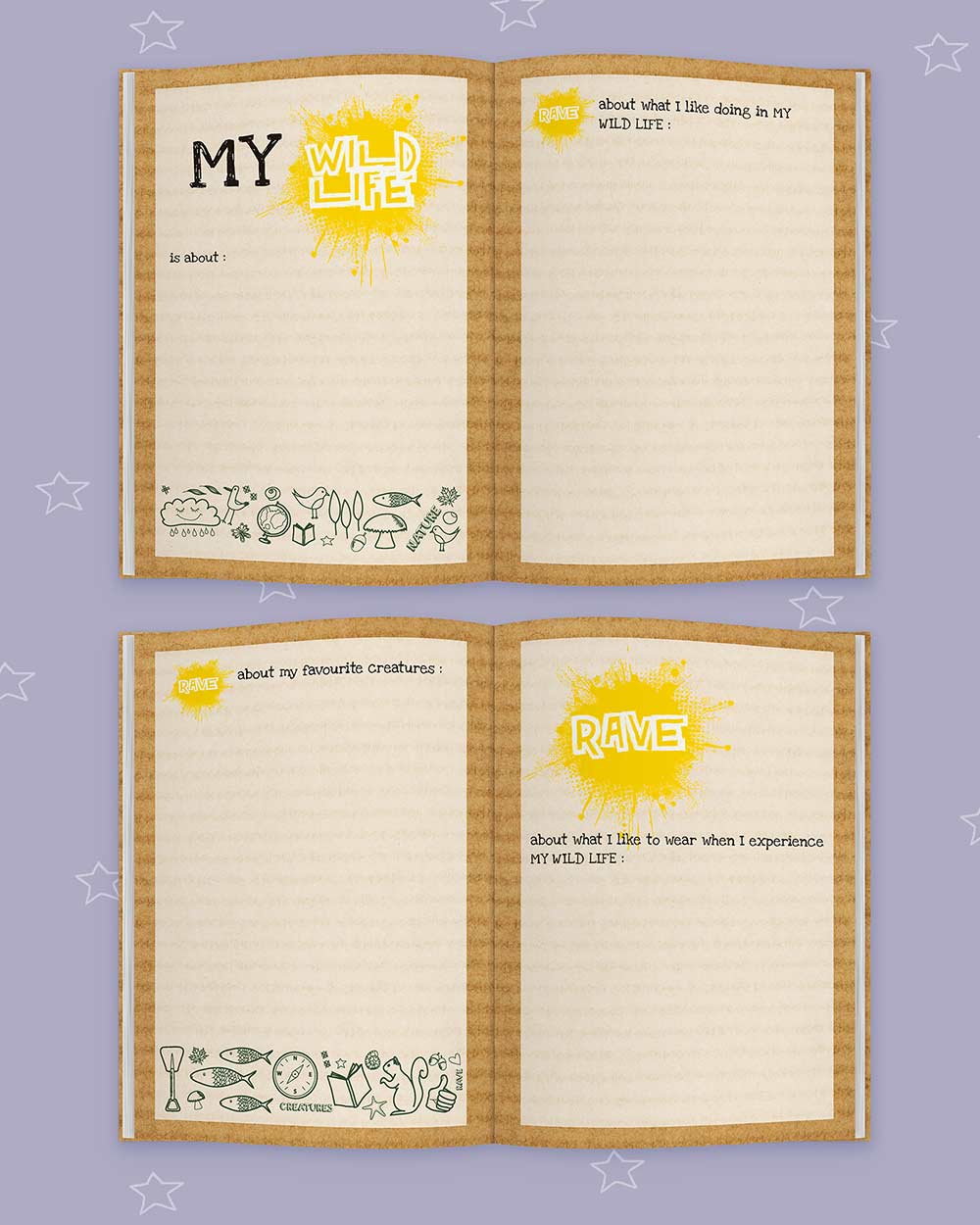 Kids Activity Book Rant & Rave, About My Wild Life. Lifestyle image of the book open so you can see the pages