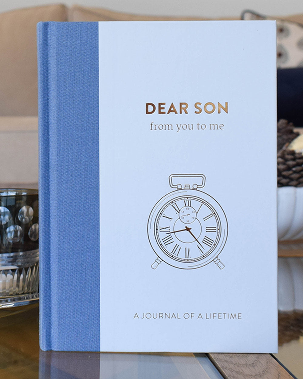 Memory Book Dear Son From You To Me Journal Timeless, lifestyle image of the book standing on a desk