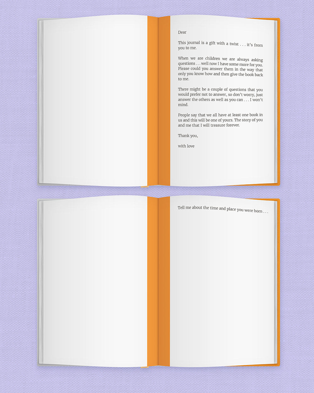 Memory Book Dear Sister From You To Me Journal Timeless. Photo of the book open laying flat on a lilac back ground