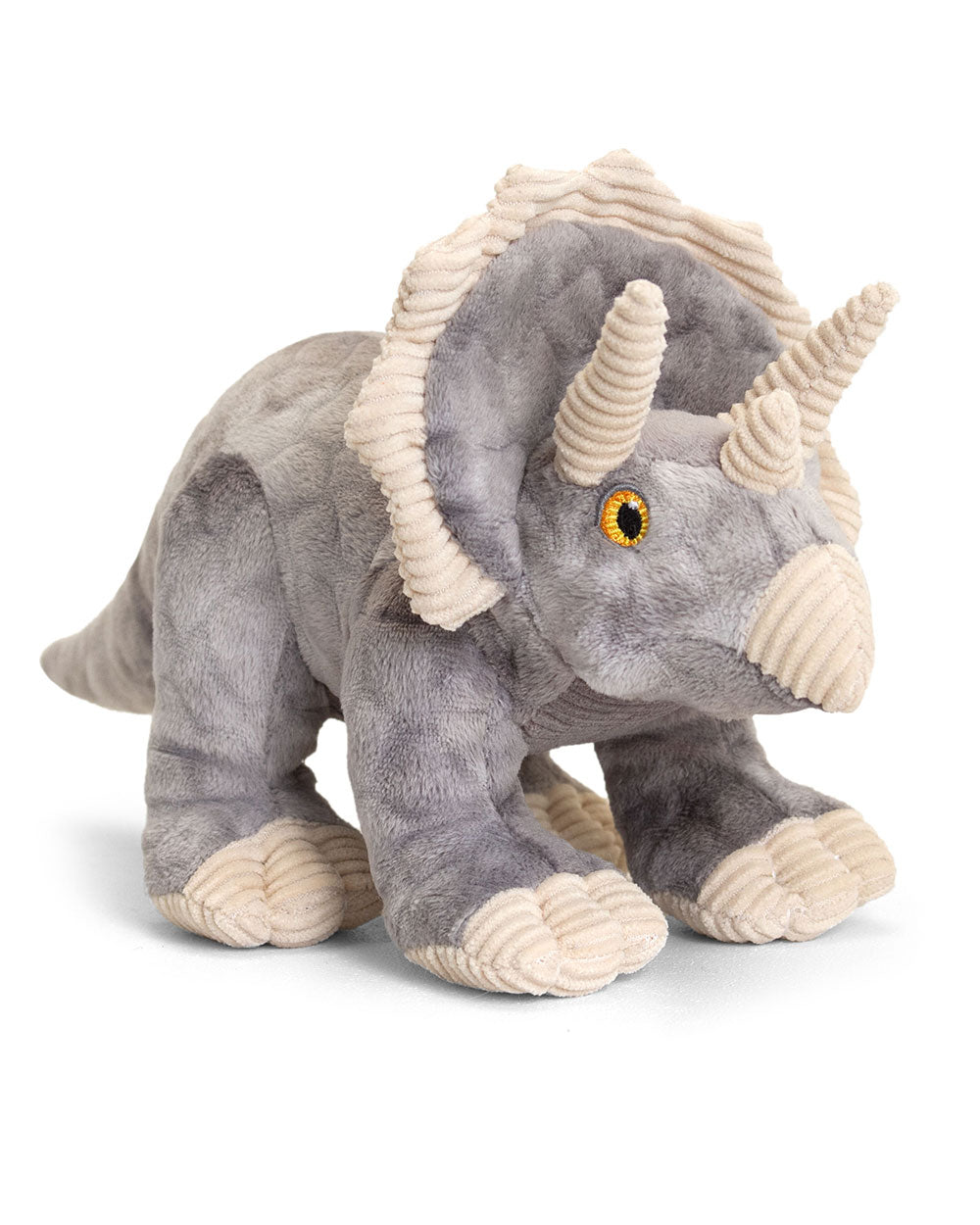 Keeleco Grey Triceratops Dinosaur Kids Soft Toy 26cm on a white back ground
