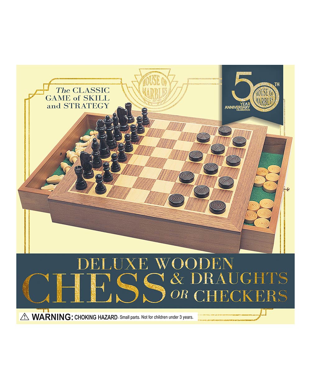 Photo of the front of the box of the deluxe wooden chess and draughts game