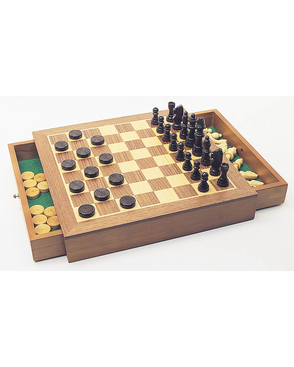 image of the beautiful chess board with drawers. Showcasing the checker and chess pieces in the pull out drawers on a white cut out back ground