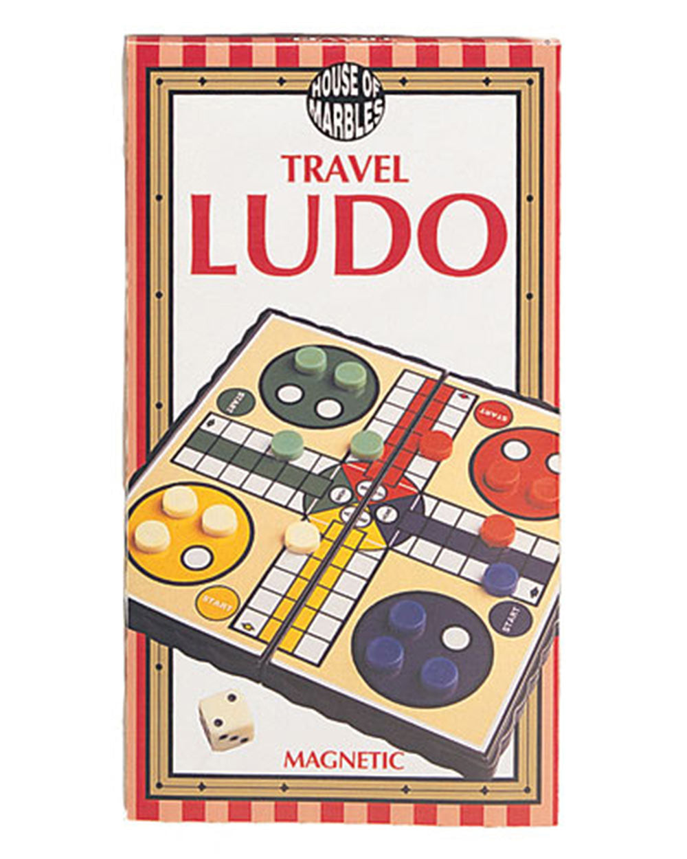 travel game of ludo. Magnetic, perfect for holidays or long journeys. Photo of the front of the box on a white cut out back ground