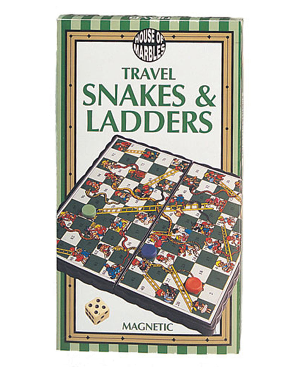 travel mini game of snakes and ladders, photo of the front of the box on a white cut out back ground