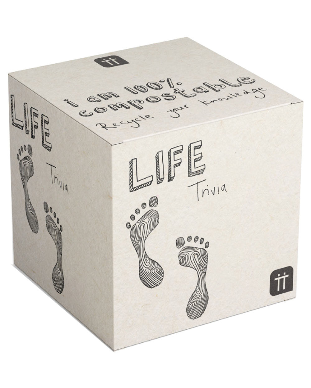 Life Trivia Game Eco Friendly Compostable. Photo of the box on a white cut out back ground