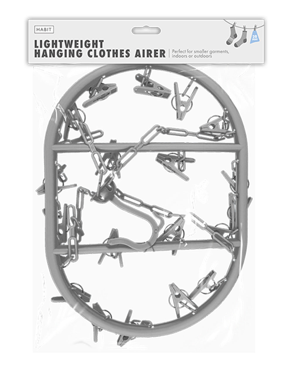 Hanging Clothes Airer Sock Drying Rack With 20 Pegs Grey