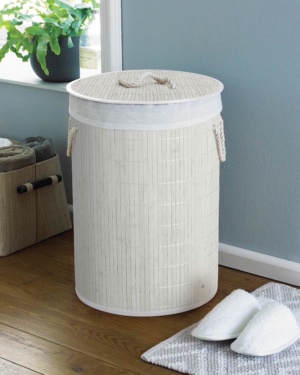 Bamboo Laundry Basket Round Hamper With Lid White