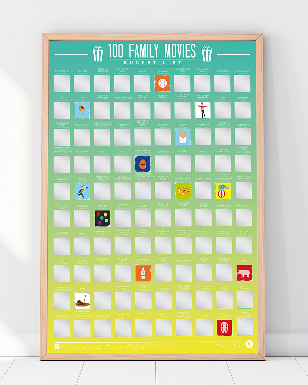 100 Family Movies Bucket List Scratch Off Poster framed