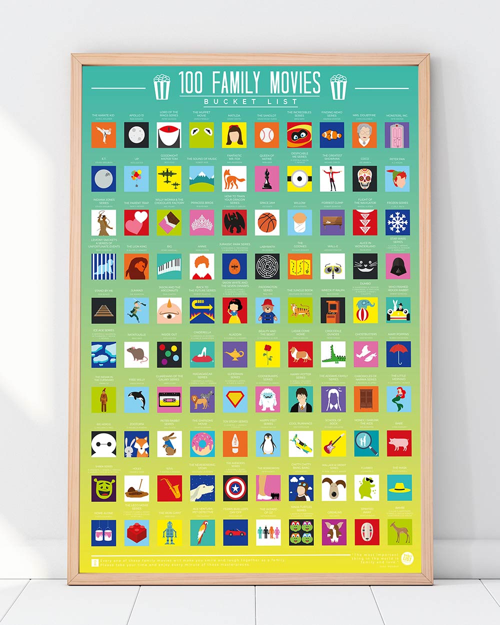 100 Family Movies Bucket List Scratch Off Poster framed