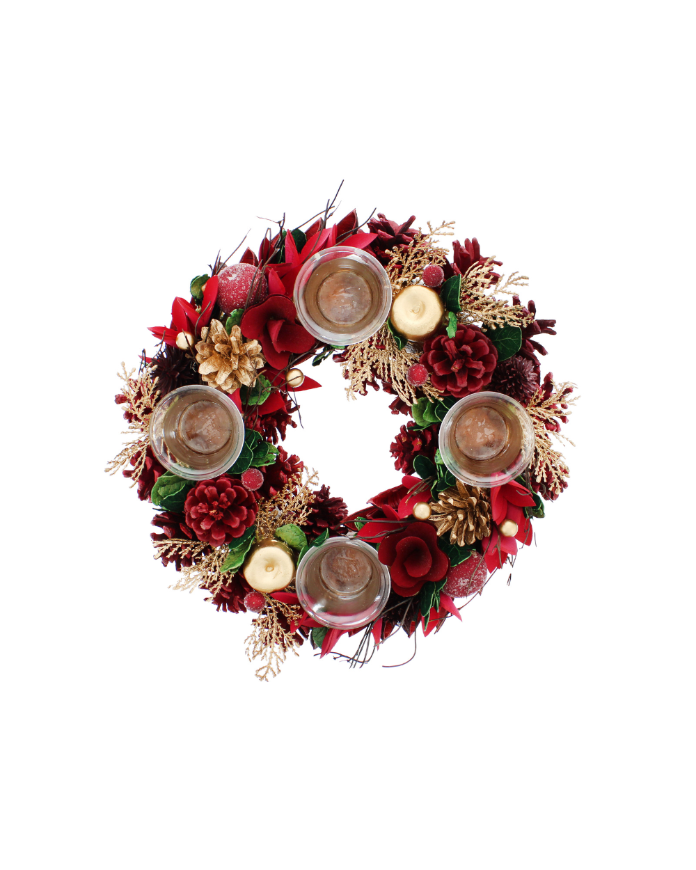 Pine Cone 4 Candle Holder Wreath Red & Gold