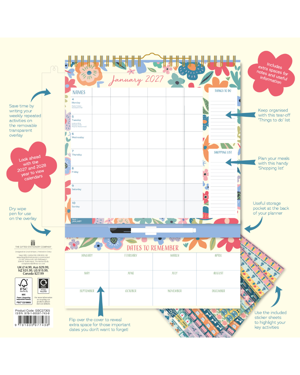 2027 Weekly Family Planner Organiser Floral