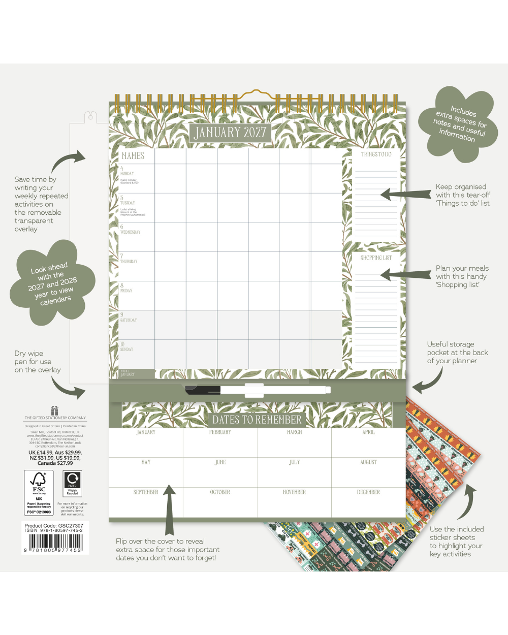 2027 Weekly Family Planner Organiser William Morris