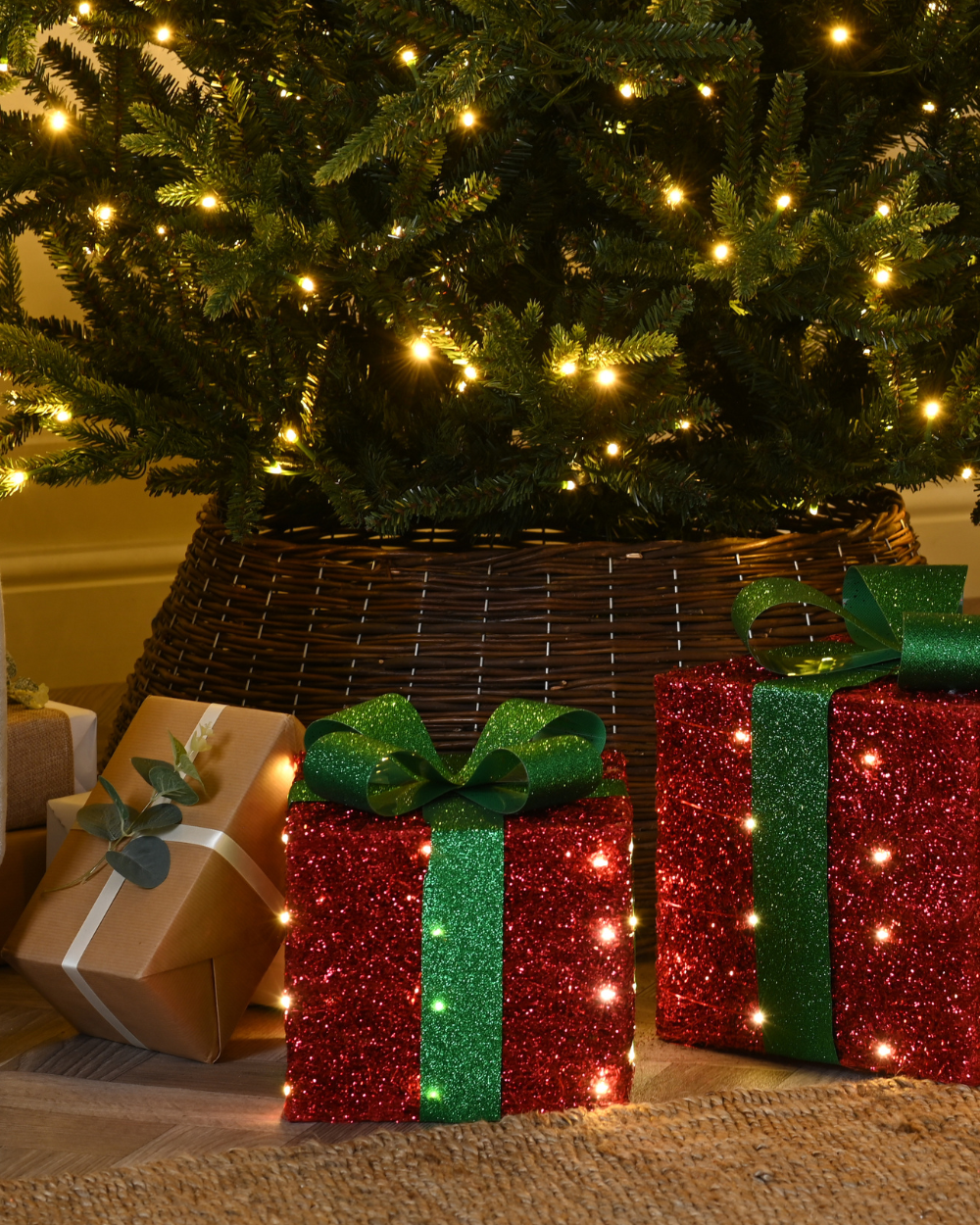 Christmas Three Red Presents Green Bows LED Decor