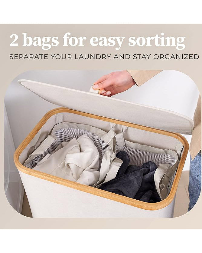 Hennez 140L Double Laundry Hamper Removable Bags Grey