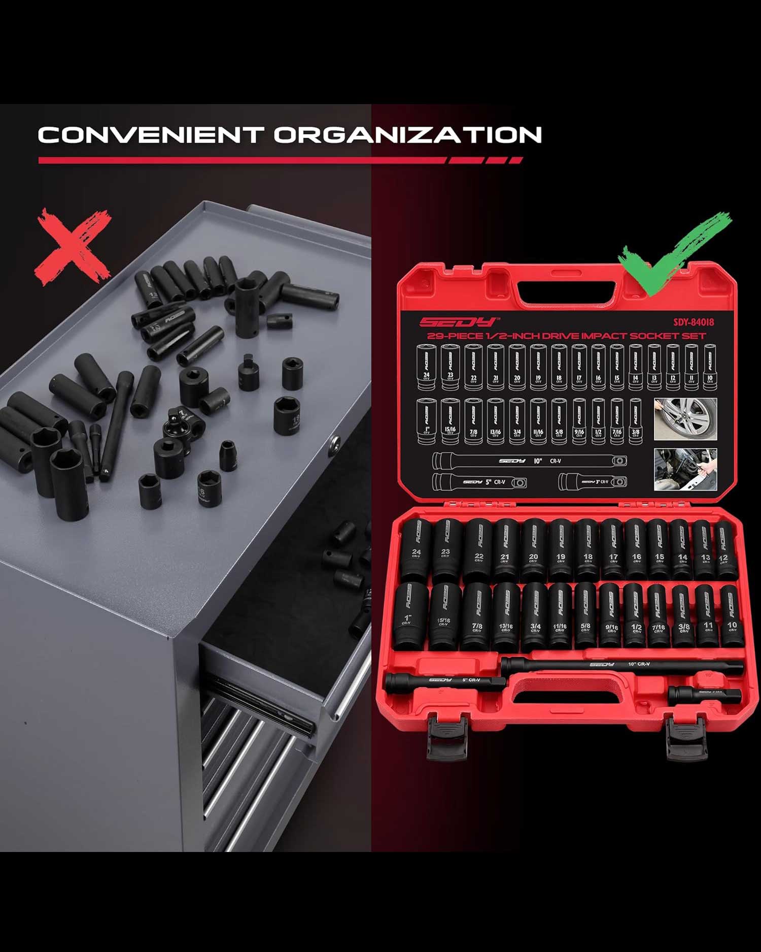 SEDY 29 Piece 1/2" Drive Impact Socket Set 3/8 to 1 inch