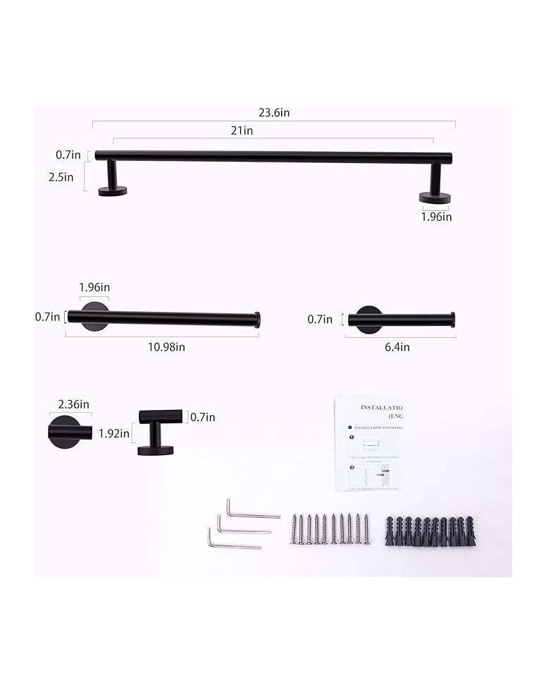 Bathroom Hardware Towel Bar Set Stainless Steel Black 4 Pack