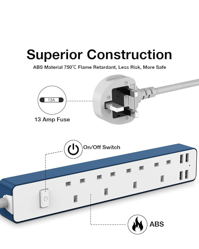 Extension Lead Power Strip 4 USB Port 4 Way Outlets 1.6M