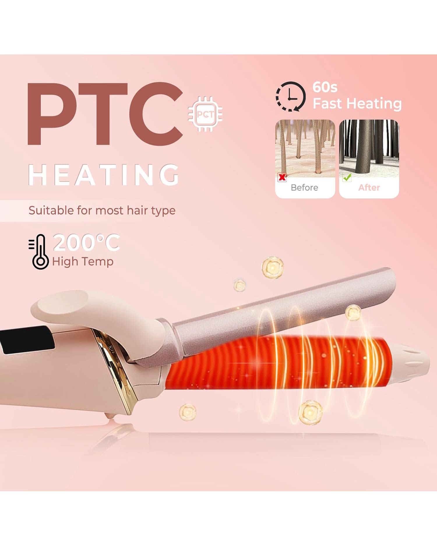 Mini Travel Curling Tongs 19mm Adjustable Temperature Pink