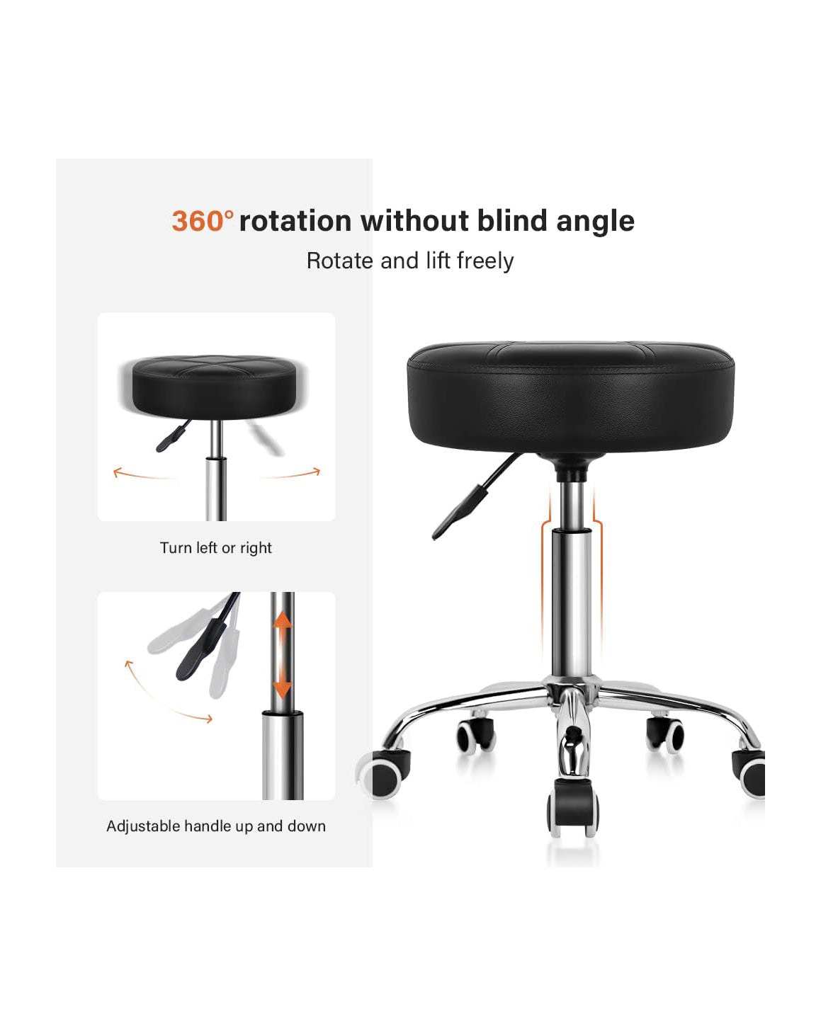 Round Rolling Stool Chair PU Leather Black