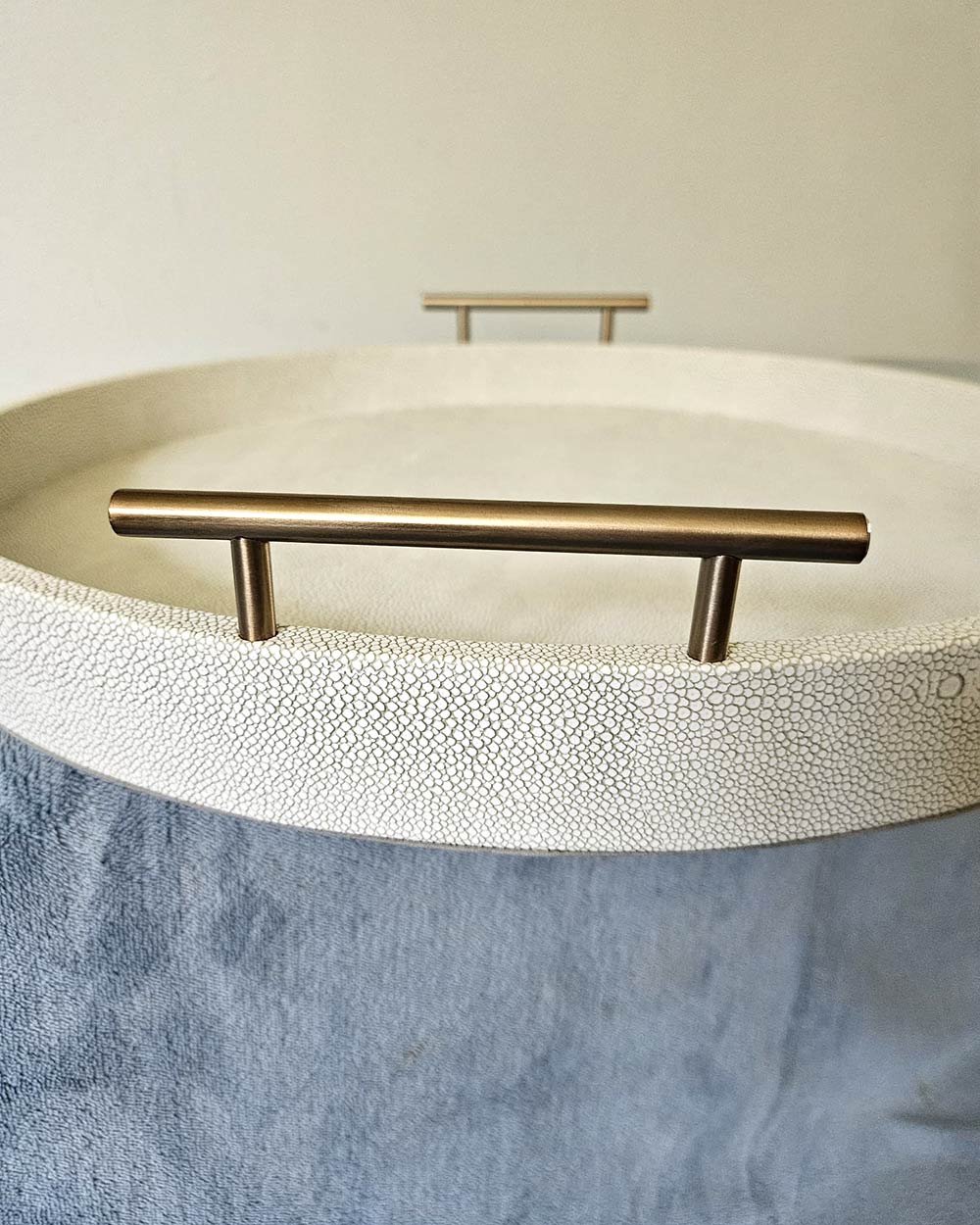 Faux Ivory Shagreen Round Tray With Handles