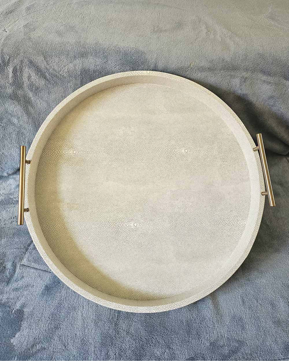 Faux Ivory Shagreen Round Tray With Handles