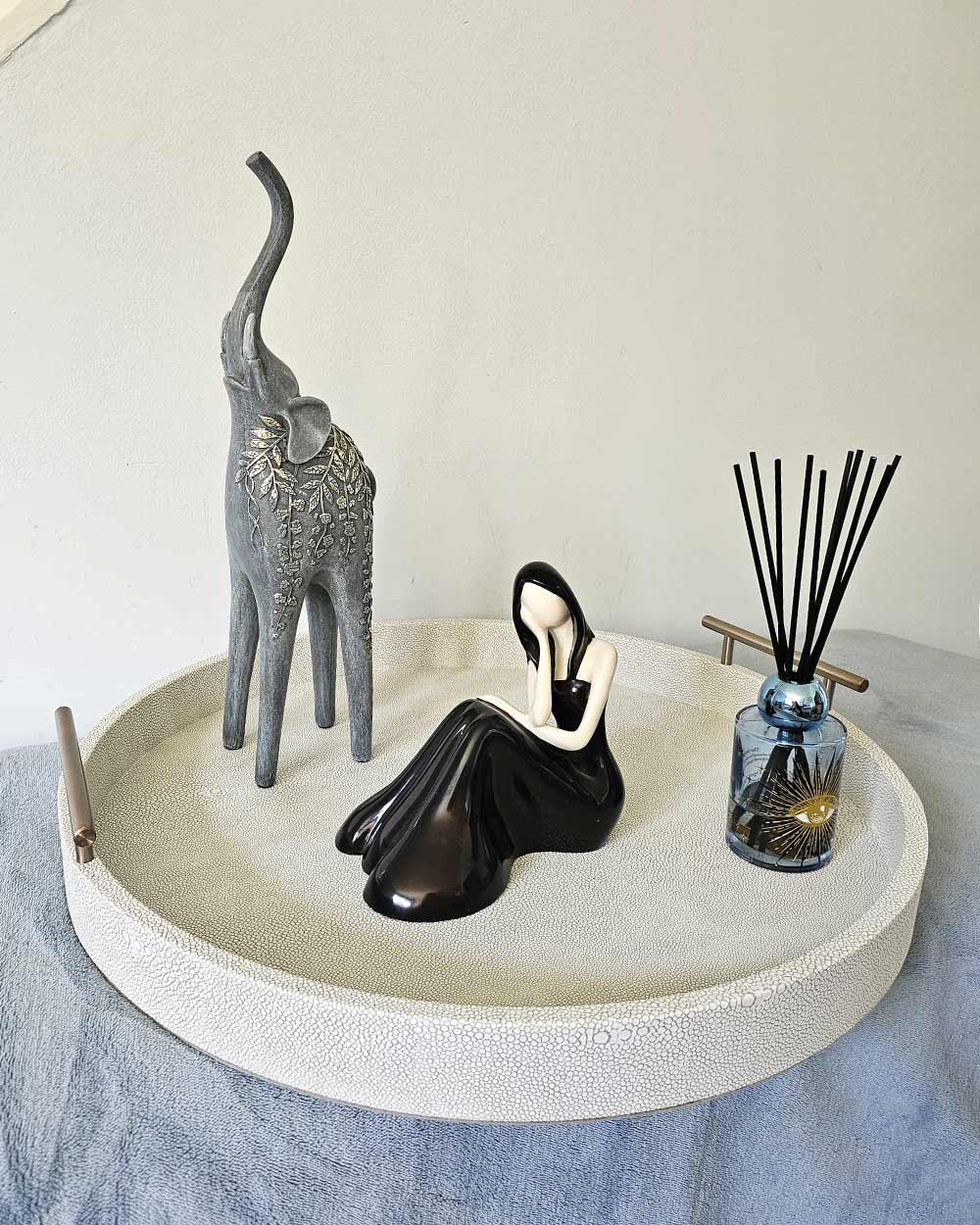 Faux Ivory Shagreen Round Tray With Handles