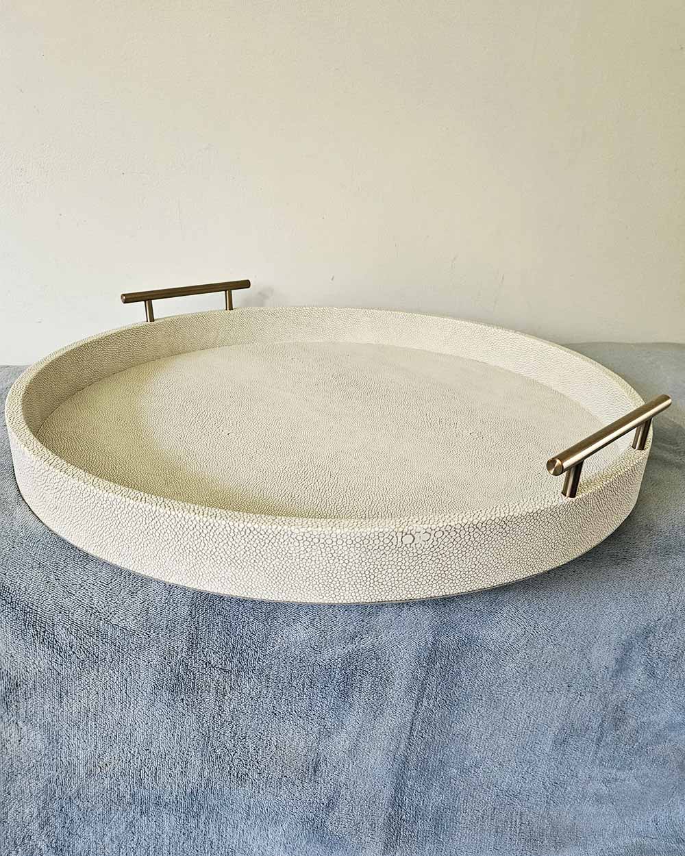 Faux Ivory Shagreen Round Tray With Handles