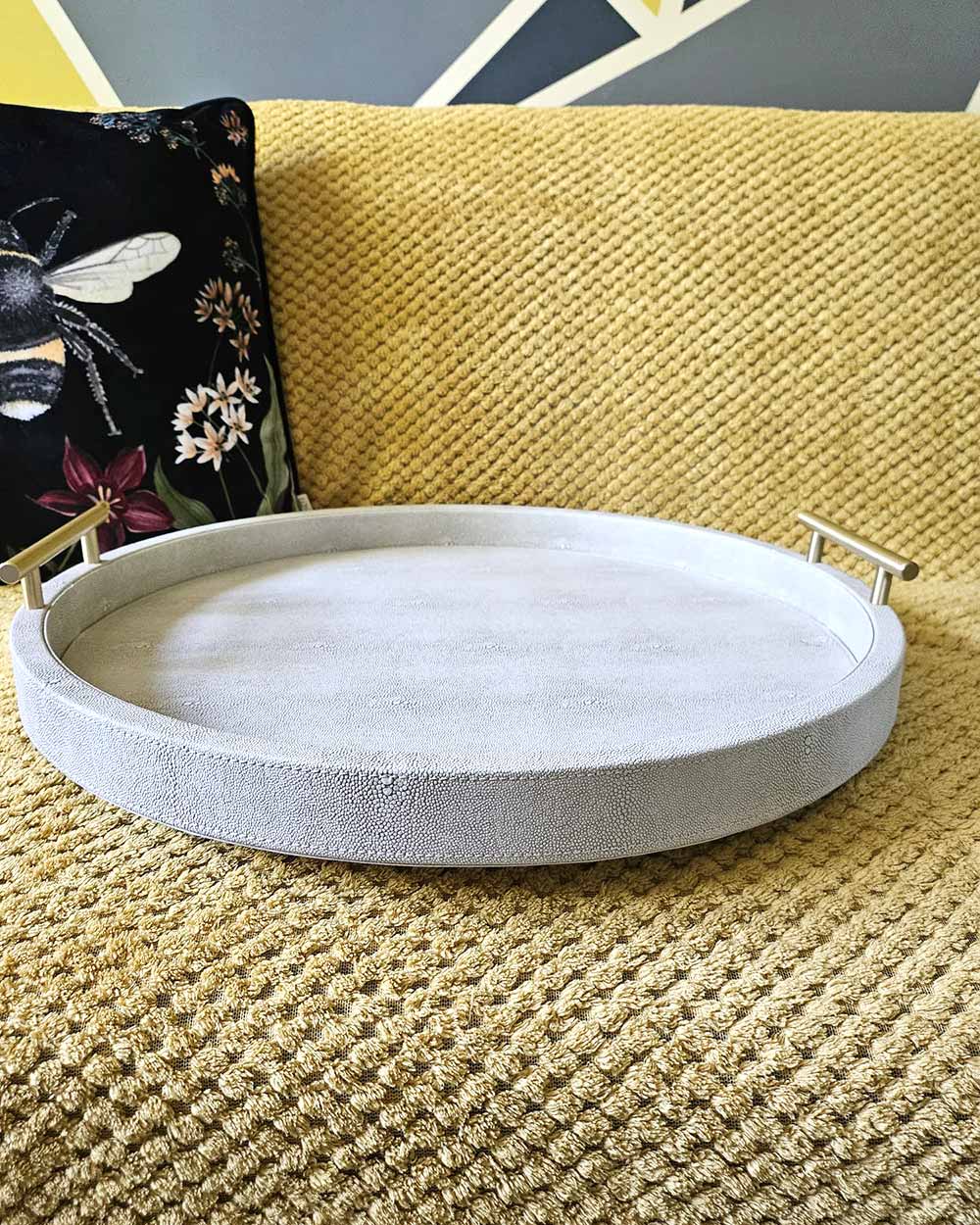 Faux Ivory Shagreen Round Tray With Handles