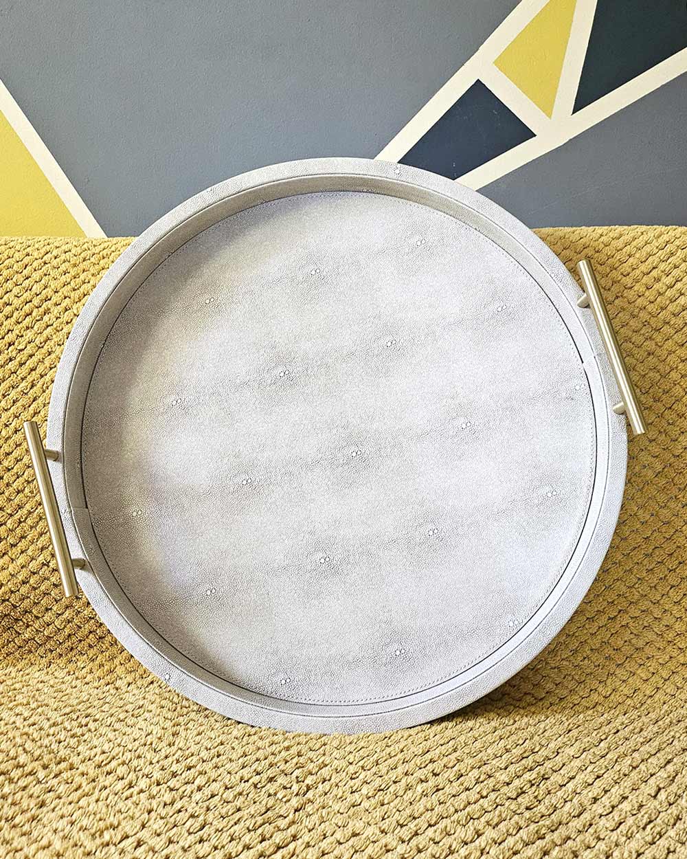 Faux Ivory Shagreen Round Tray With Handles