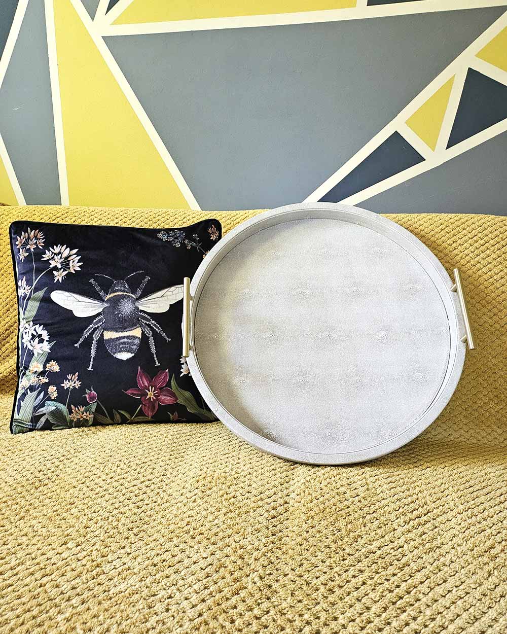 Faux Ivory Shagreen Round Tray With Handles
