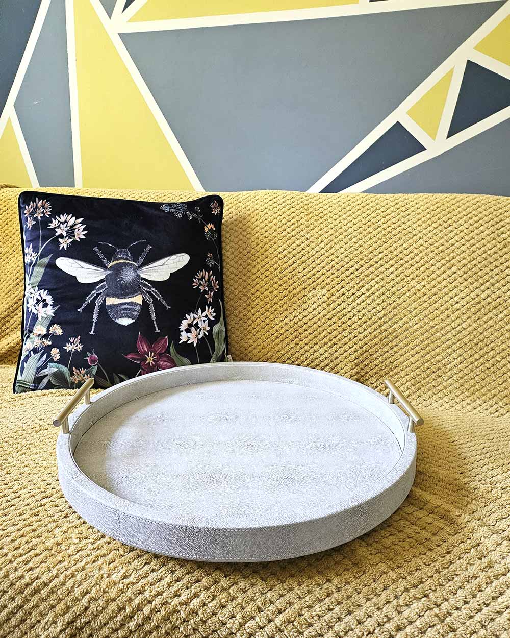 Faux Ivory Shagreen Round Tray With Handles
