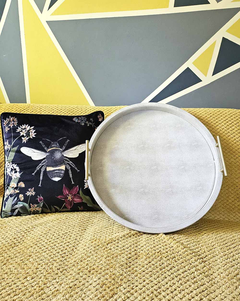 Faux Ivory Shagreen Round Tray With Handles