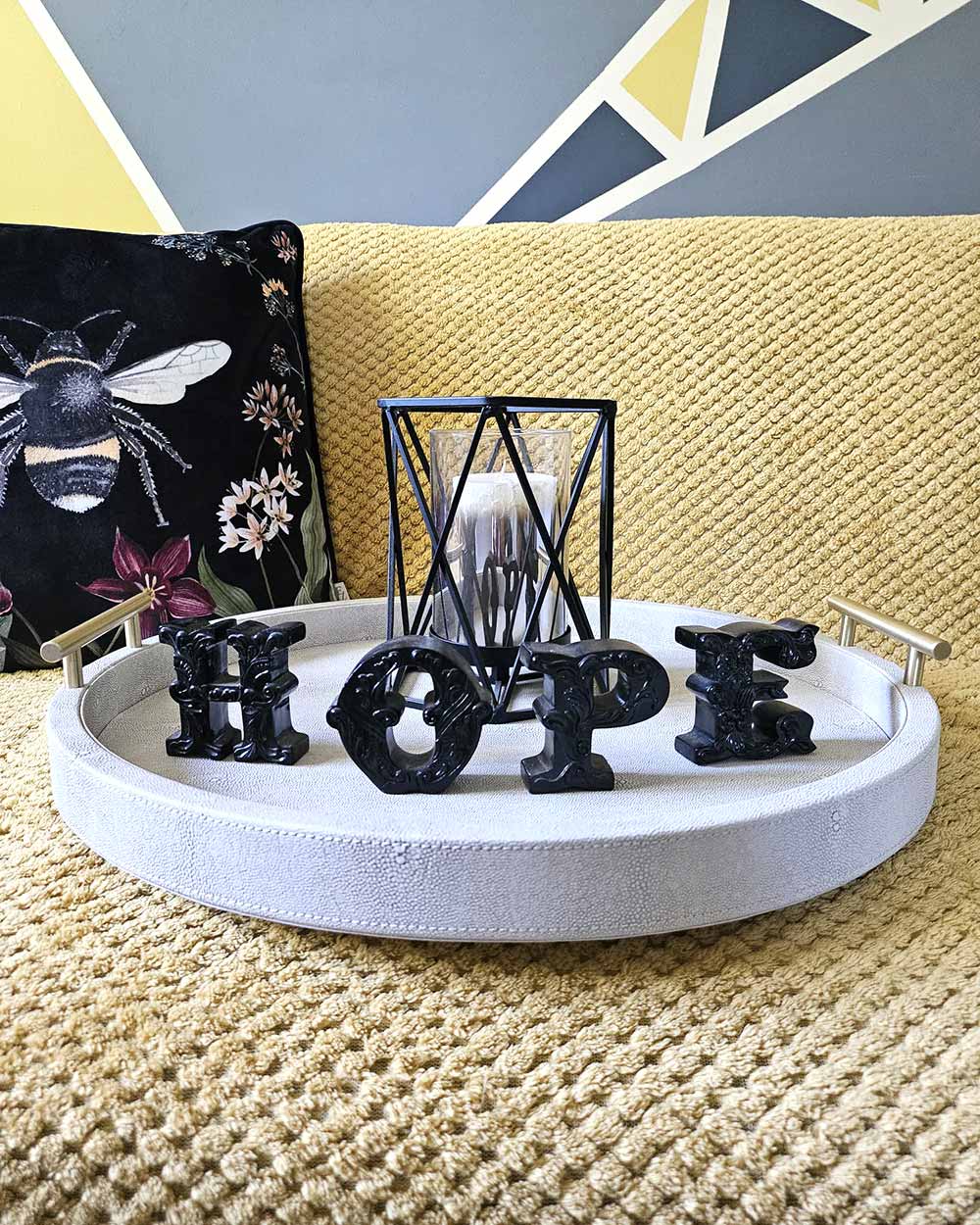 Faux Ivory Shagreen Round Tray With Handles