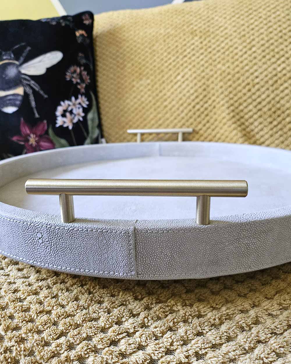 Faux Ivory Shagreen Round Tray With Handles