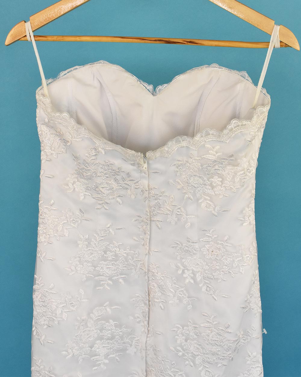 White Strapless Floral Lace Wedding Dress