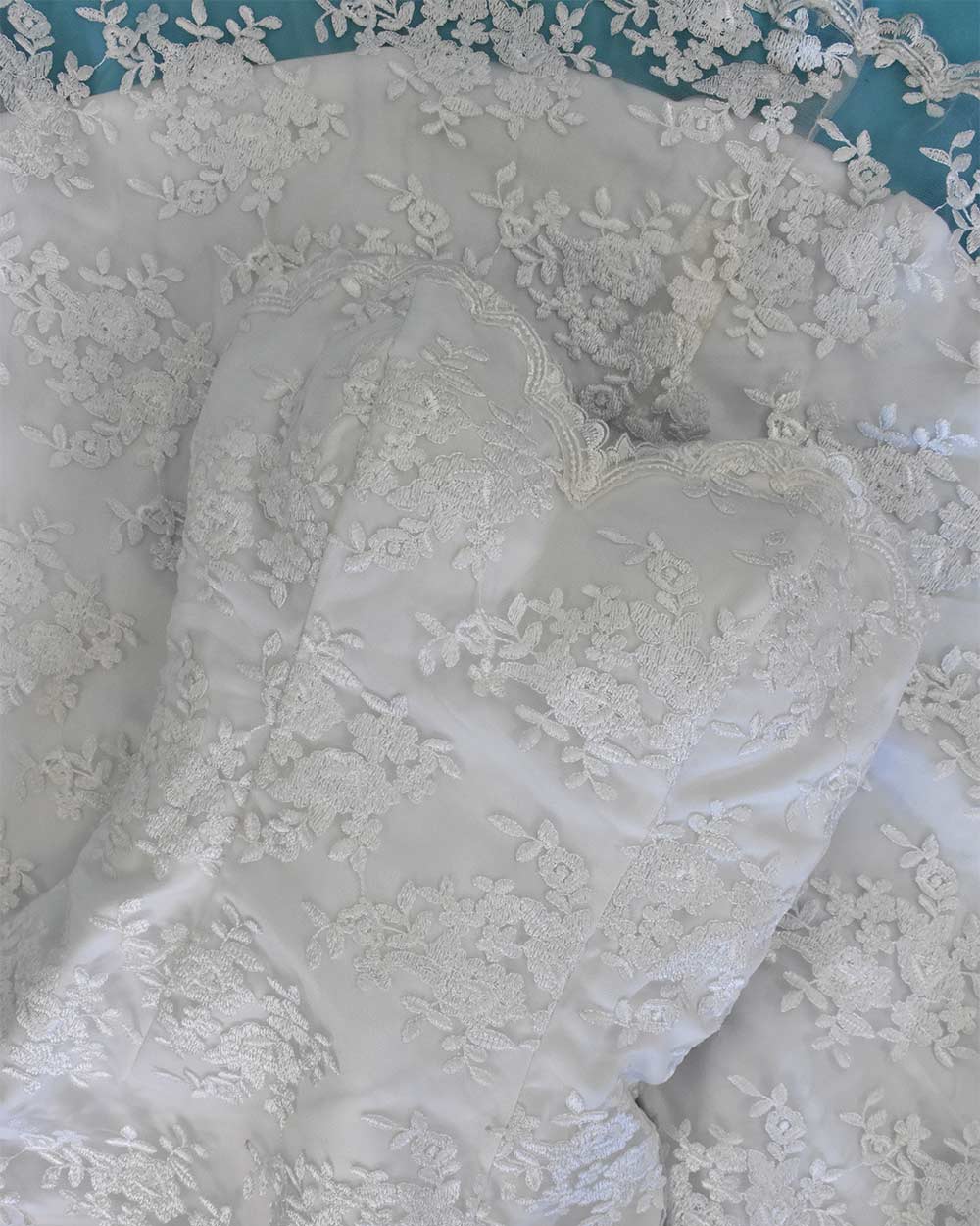 White Strapless Floral Lace Wedding Dress