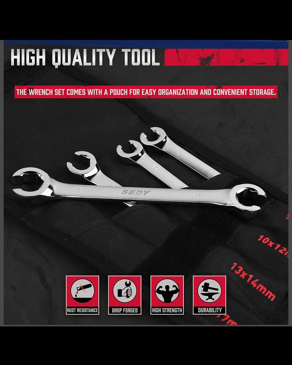 SEDY 4 Piece Set Metric Tubing Wrench with Case