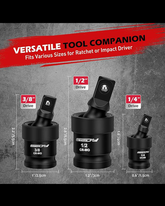SEDY Universal Joint-Socket Swivel Set 3Piece 1/2" 3/8" 1/4"